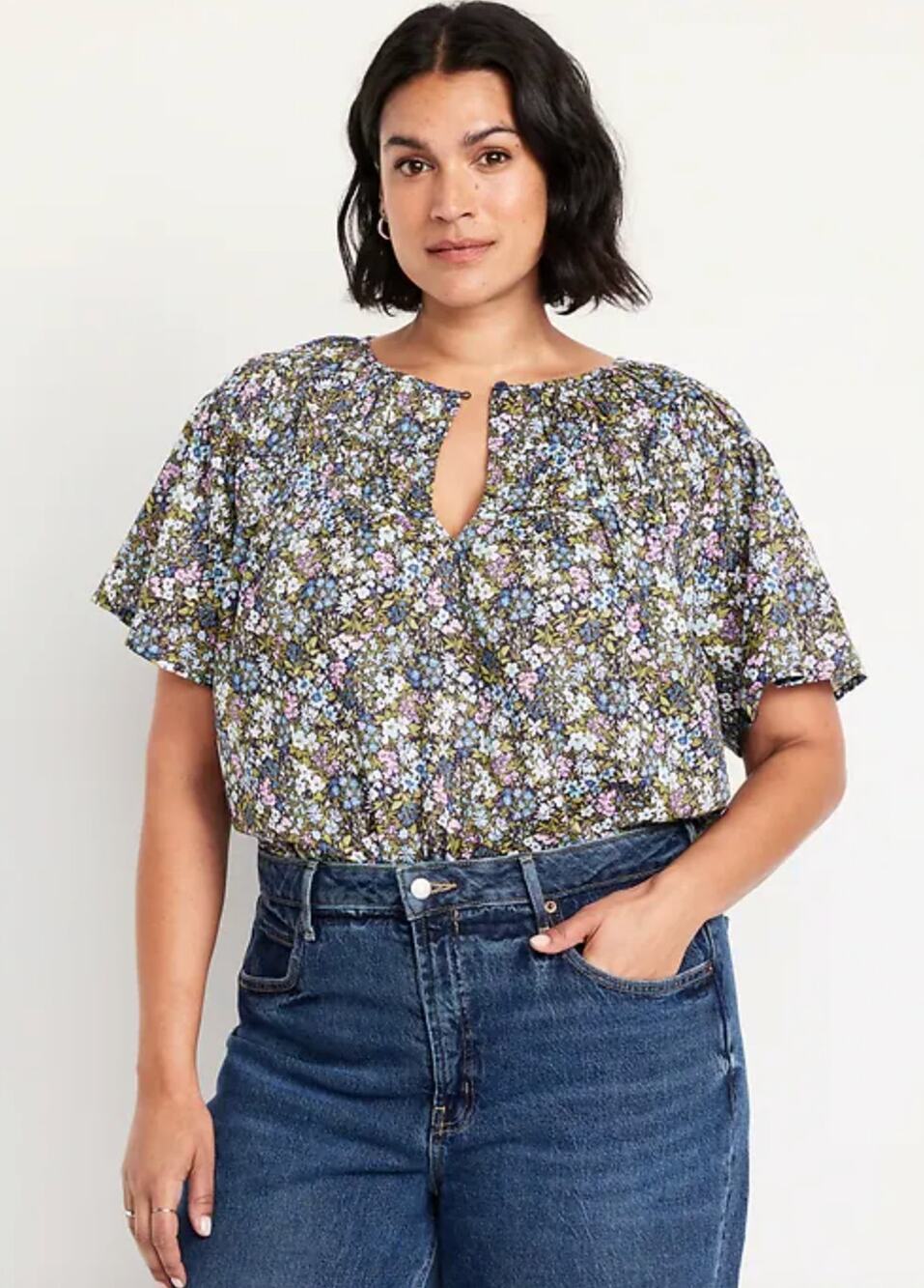 NWT Old Navy Navy Blue Shirred Floral Flutter Sleeve Shirt Top Blouse XL